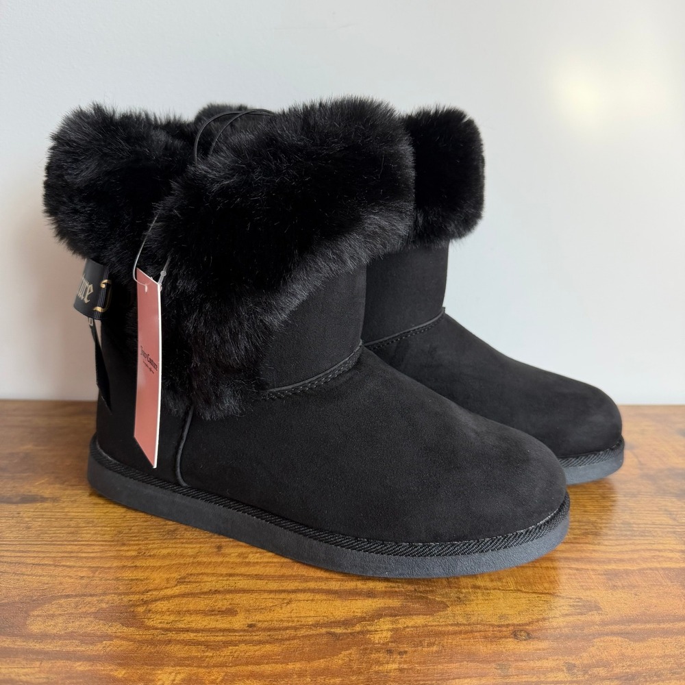 New Juicy Couture US 7 Faux Fur Black Fluffy Boots Winter Shoes Women Bow Gothic